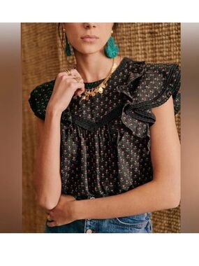 Sezane Florencina Black Red Cotton Cottagecore Ruffle Floral Blouse Size 46/XXXL